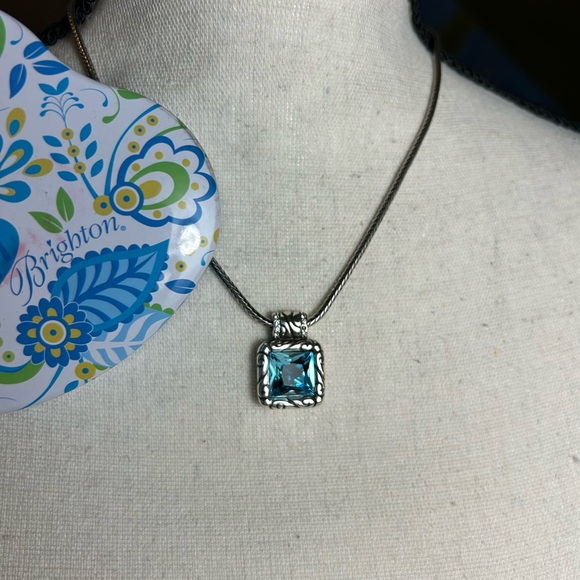 Brighton Regina Necklace Square Blue Crystal Pendant Silver Plated 17" & Tin - Picture 4 of 13